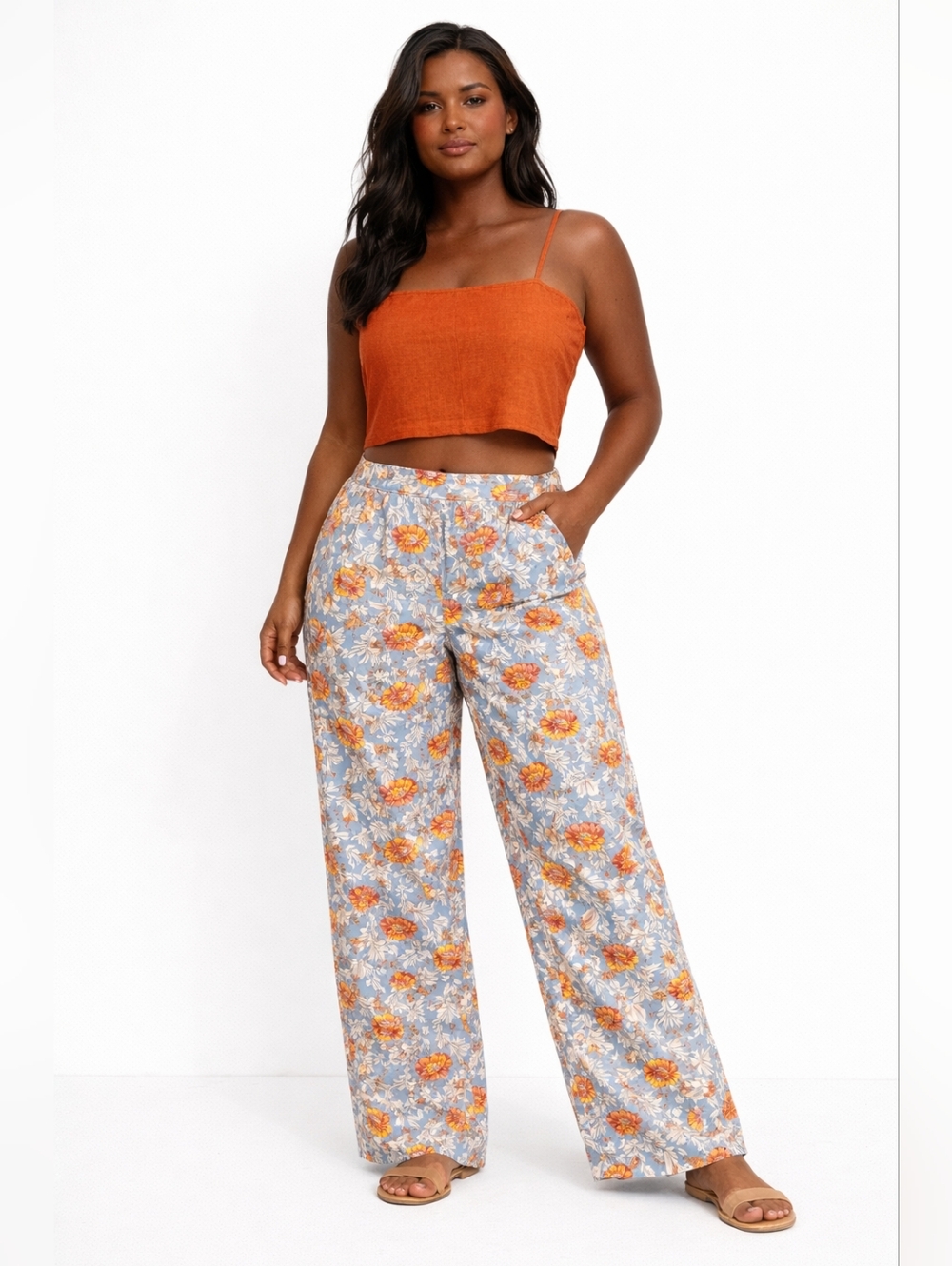 Rachel Zoe Linen Blend Floral Wide Leg Pants Large Elastic Waist Pockets